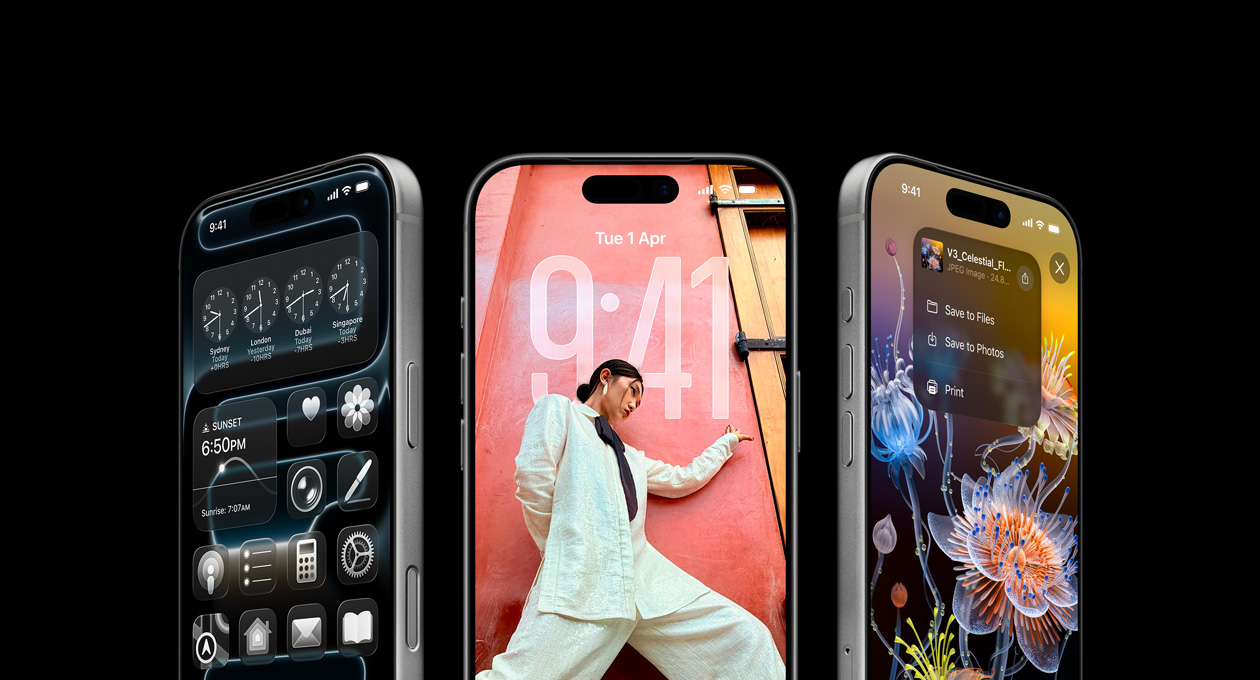 3 iPhone 17 Pro models, front exterior, side by side, demonstrating the World Clock feature, the iOS 26 Lock Screen and how to save notes from the Notes app