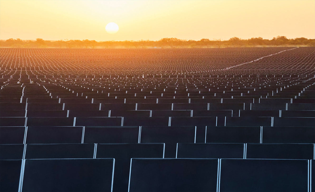 Centenas de painéis solares com o pôr do sol ao fundo.