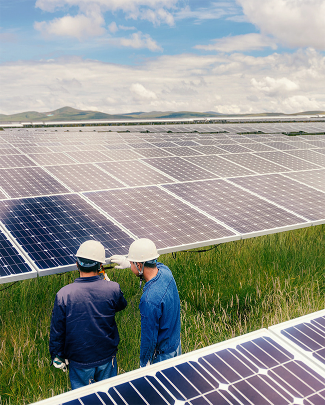 Duas pessoas com capacetes a trabalhar entre painéis solares de grandes dimensões num espaço exterior rodeado de relva.