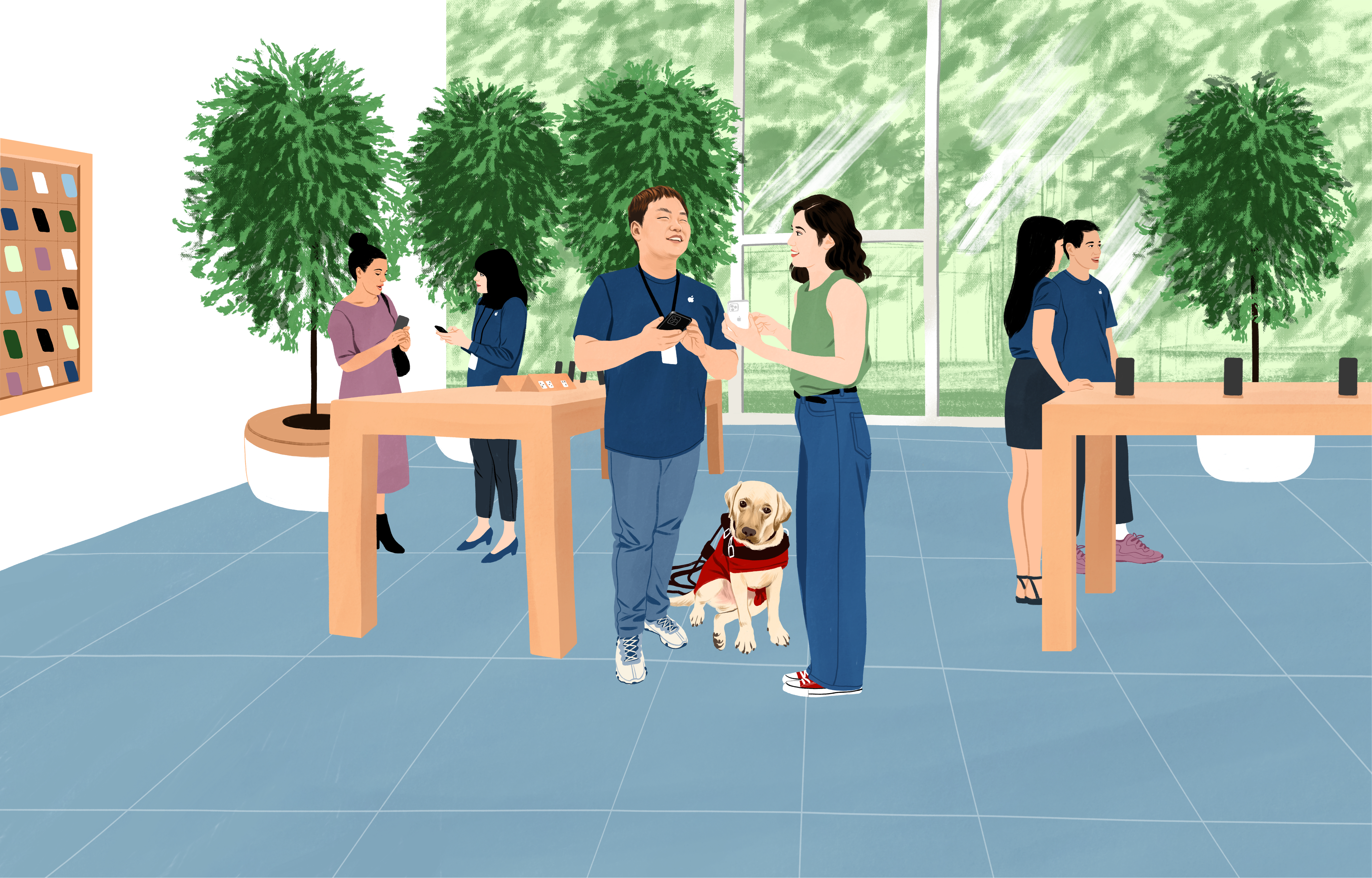 William på sitt jobb på Apple Store med en iPhone i handen och en ledarhund vid hans sidan. En kund frågar honom något