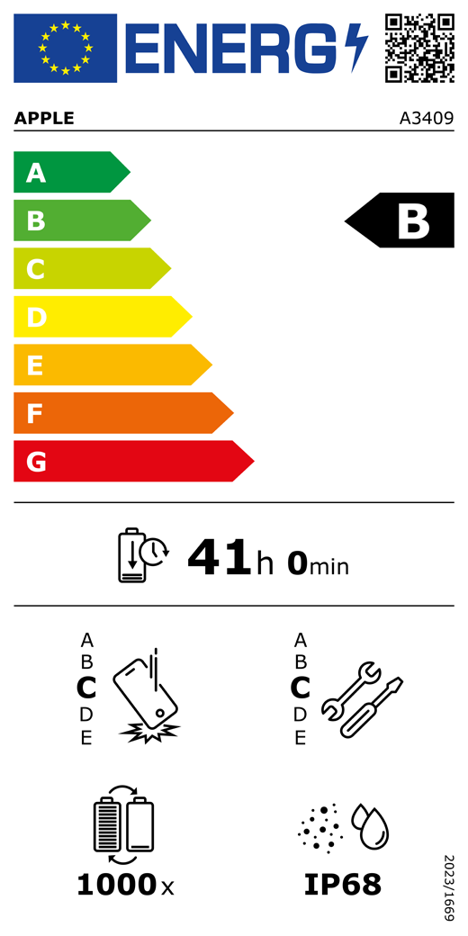 QR kód a informace na energetickém štítku EU, model Apple A3409, třída B, třídy energetické účinnosti (se stupnicí od A do G), A (nejvyšší účinnost) až G (nejnižší účinnost), výdrž baterie na jeden cyklus, 41 hodin a 0 minut na plné nabití baterie, třída spolehlivosti při opakovaném volném pádu C, A (nejvyšší odolnost) až E (nejnižší odolnost), třída opravitelnosti C, A (nejlepší opravitelnost) až E (nejhorší opravitelnost), životnost baterie 1000 cyklů, stupeň ochrany proti vniknutí prachu a vody (IP) IP68, nařízení 2023/1669