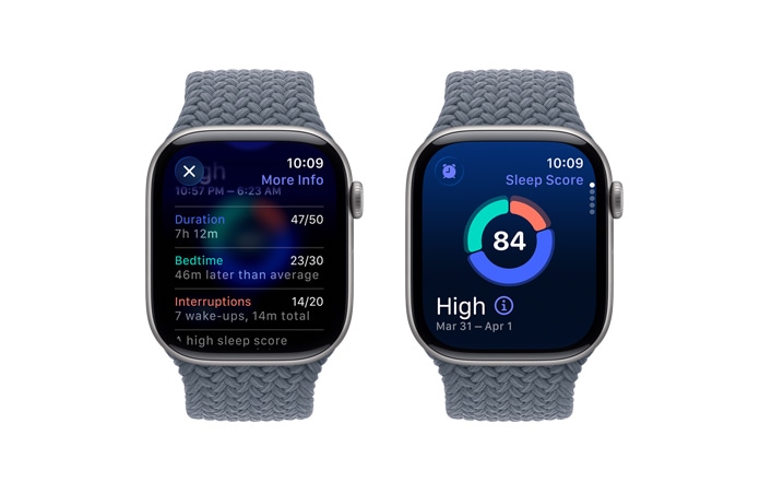 Apple Watch Series 11, kosmosehall, alumiiniumist korpus, uneskoori teavitus, parem väliskülg, Digital Crown, Braided Solo Loop, ankrusinine värv