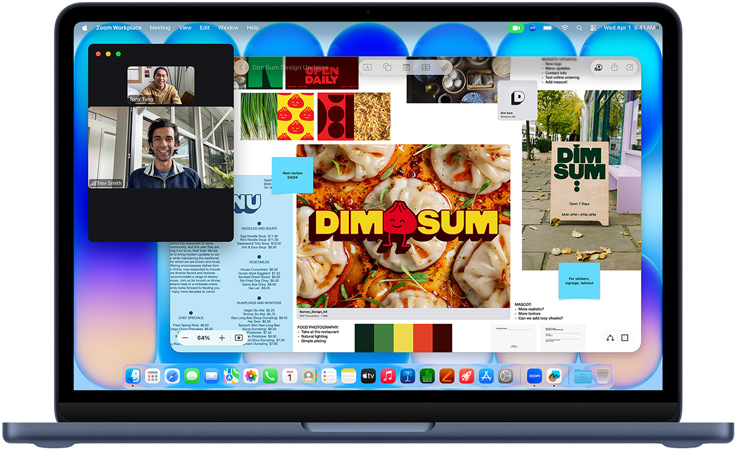MacBook Neo, toonis indigo, pooleli on videokõne, Freeformi aknas on dim sum restorani menüü, toidufotod ja illustratsioonid