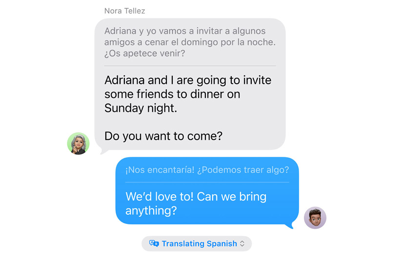 App Messages affichant Traduction en direct