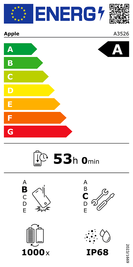 EU-energimærke, QR-kode og information, Apple-model A3526, klasse A, energieffektivitetsklasser (med en skala fra A til G), A (mest effektiv) til G (mindst effektiv), batteriholdbarhed pr. cyklus: 53 timer og 0 minutter pr. fuld batteriopladning, klasse B for holdbarhed ved gentagne frie fald, A (mest robust) til E (mindst robust), klasse C for reparerbarhed, A (mest reparerbar) til E (mindst reparerbar), batteriholdbarhed på 1000 cyklusser, IP-klassificering for støv- og vandbeskyttelse: IP68, forordning 2023/1669.