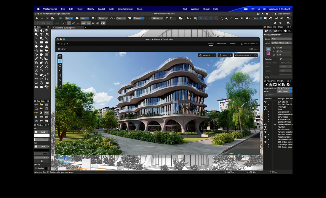 Écran d’un MacBook Pro affichant Vectorworks Design Suite avec Maxon Redshift