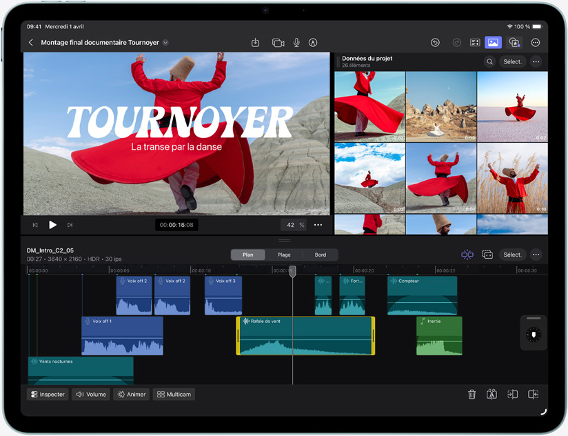 iPad Air, face avant, mettant en avant le montage vidéo dans Final Cut Pro