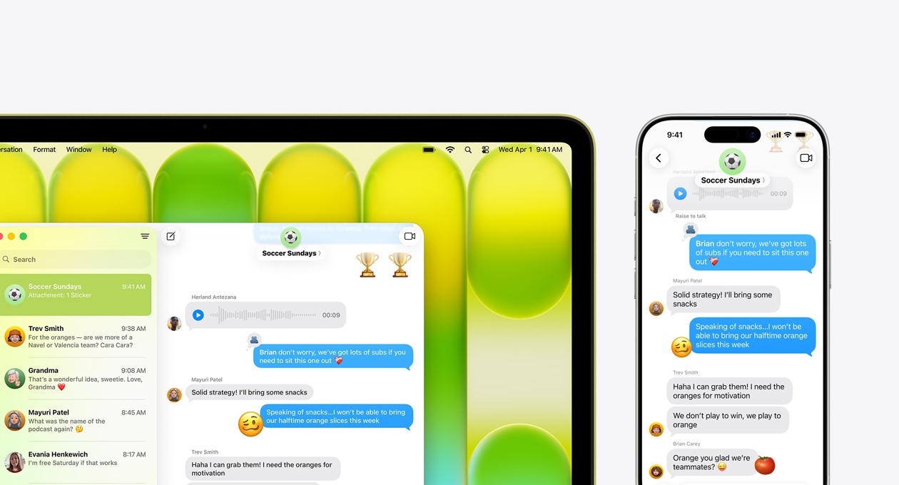 MacBook Neo, σε χρώμα κίτρο, εμφανίζει ομαδική συνομιλία στο app Μηνύματα με τίτλο «Soccer Sundays» και άλλα πρόσφατα μηνύματα, το iPhone δίπλα του εμφανίζει την ίδια ομαδική συνομιλία