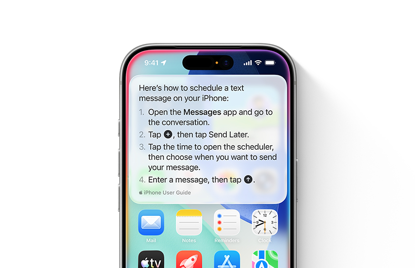 iPhone 顯示逐步指引，說明如何處理需要稍後傳送的文字訊息。