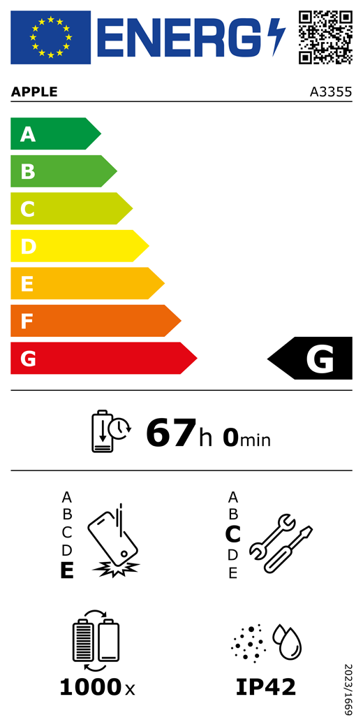 Európai Uniós energiacímke, QR-kód és információ, A3355-ös Apple-modell, G osztályú, energiahatékonysági osztályok (A-tól G-ig terjedő besorolás), A (leghatékonyabb), G (legkevésbé hatékony), akkumulátor élettartama ciklusonként, 67 óra és 0 perc teljesen feltöltött akkumulátor esetében, megbízhatóság ismételt leejtés esetében: E osztály, A-tól (legstrapabíróbb) E-ig (legkevésbé strapabíró) terjedő besorolás, C osztályú javíthatóság, A-tól (leginkább javítható) E-ig (legkevésbé javítható) terjedő besorolás, akkumulátor élettartama 1000 működési ciklusban, IP42-es por- és vízállósági besorolás, 2023/1669-es rendelet