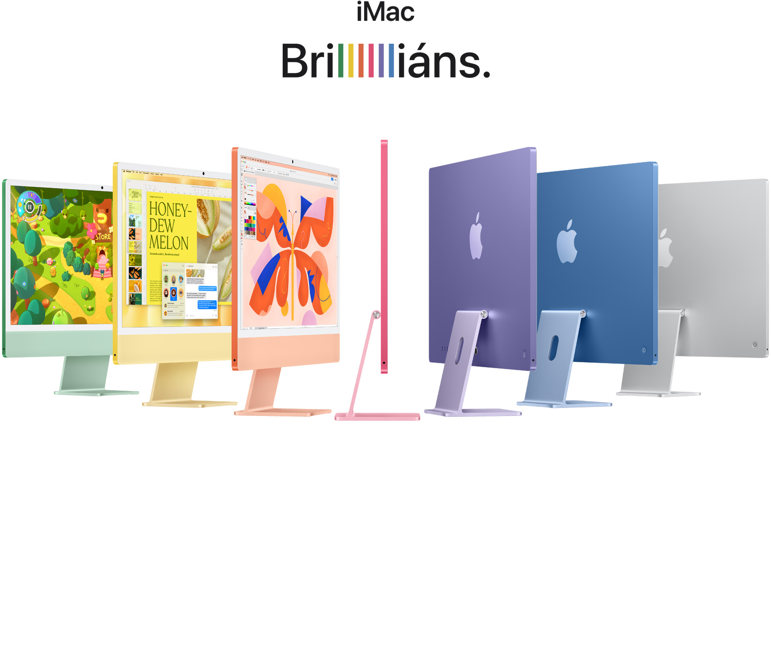 7 iMac különböző színekben (zöld, sárga, narancs, rózsaszín, lila, kék, ezüst), harmonika alakú elrendezésben