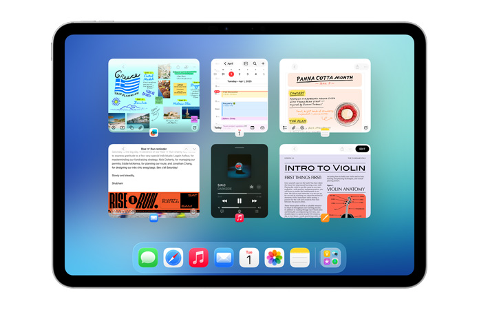 iPad, orientasi lanskap, layar menampilkan enam jendela yang terbuka dalam dua baris, termasuk aplikasi Kalender, aplikasi Catatan, Apple Music, dan Safari