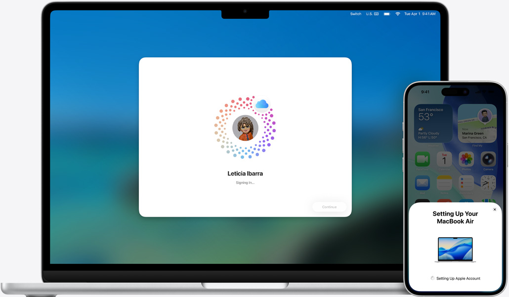13-inch MacBook&nbsp;Air and iPhone&nbsp;16&nbsp;Plus, macOS installing on MacBook, iPhone displays prompts to setup