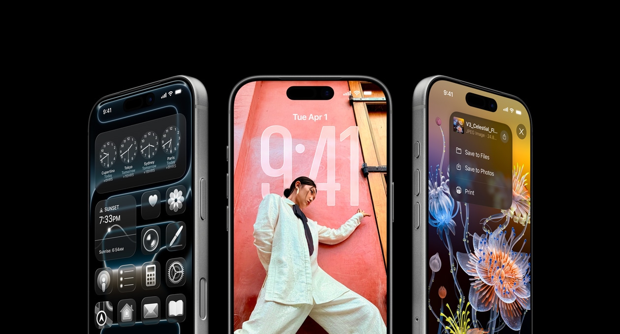 Tri modely iPhonu 17 Pro spredu vedľa seba. Zobrazujú funkciu Svetový čas, zamknutú obrazovku a ako ukladať poznámky z apky Poznámky.