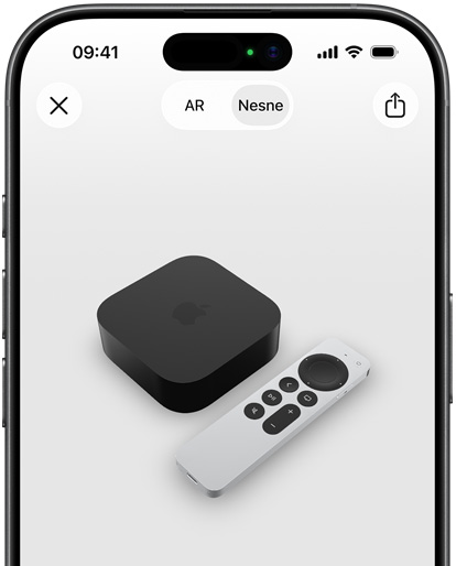 Görselde iPhone’daki Artırılmış Gerçeklik ekranında Apple TV 4K gösteriliyor.
