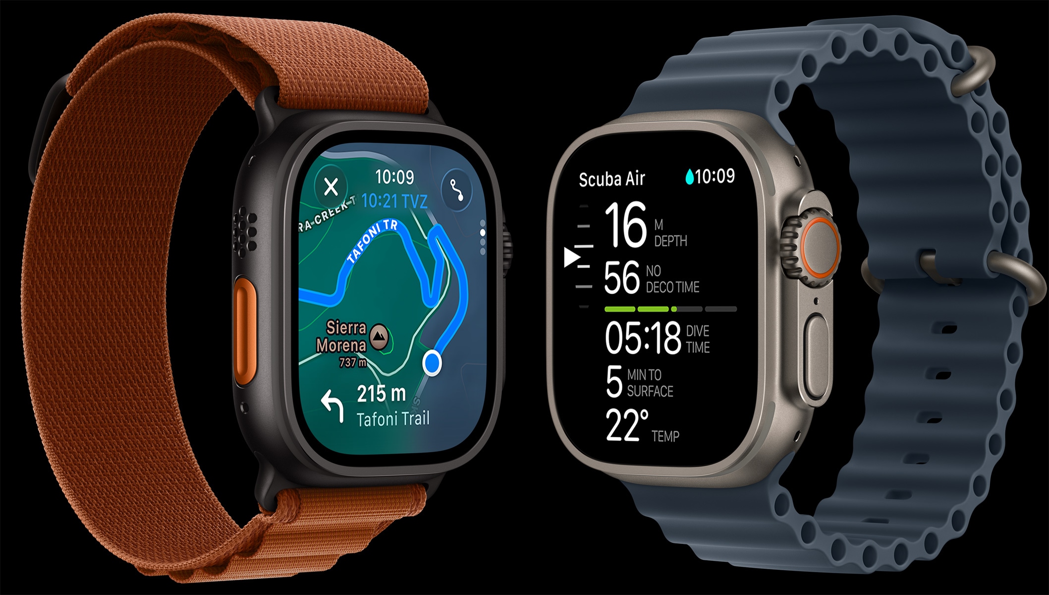 Apple Watch Ultra 3 aygıtları, titanyum kasalar, siyah ve natürel renkler, doğa yürüyüşü haritası, dalış ölçümleri