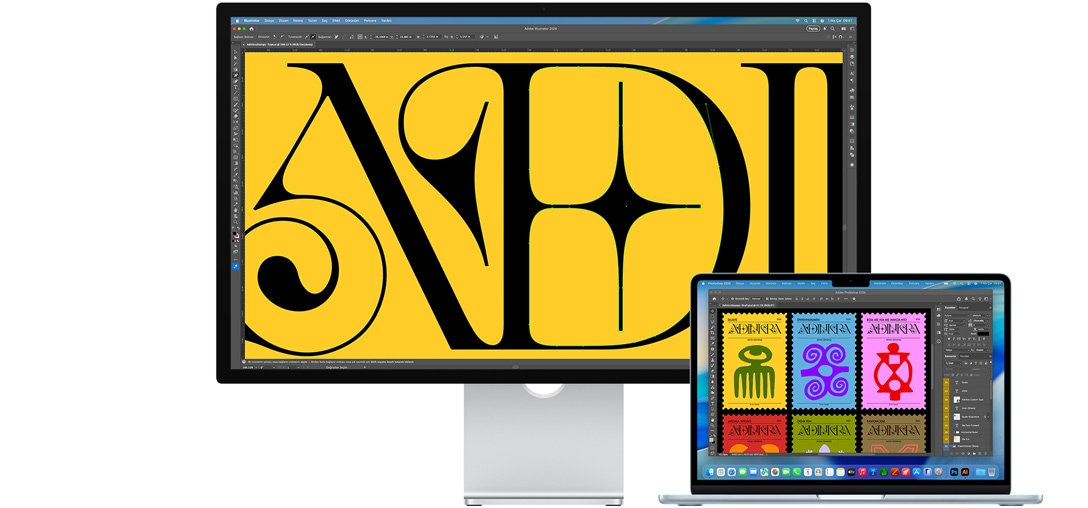 Ekranlarında Adobe Illustrator 2025’te açık olan bir projenin gösterildiği Studio Display ve bir Mac laptop, Studio Display ekranında projenin yakından görünümü yer alıyor