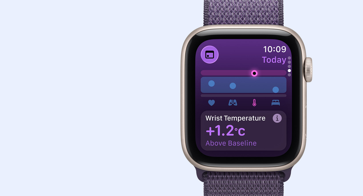 Apple Watch SE 3, aluminium case, midnight colour, wrist temperature metrics, right side exterior, Digital Crown, strap, Sport Loop, anchor blue colour