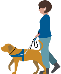 Una persona con baja visión usa unos AirPods mientras camina con un perro guía