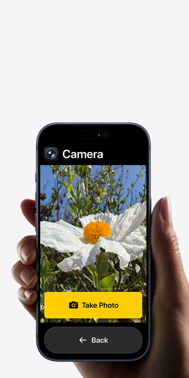 Egy iPhone 17 Pro képernyőjén a Kamera app egyszerűsített felülete jelenik meg, középen egy fehér virággal, „Fotó készítése” és alatta „Vissza” gombokkal