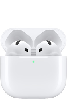 AirPods 4 v nabíjacom puzdre s otvoreným krytom.
