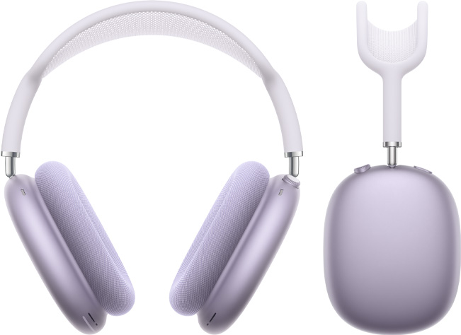 Ujęcie fioletowych AirPods Max od przodu i z boku