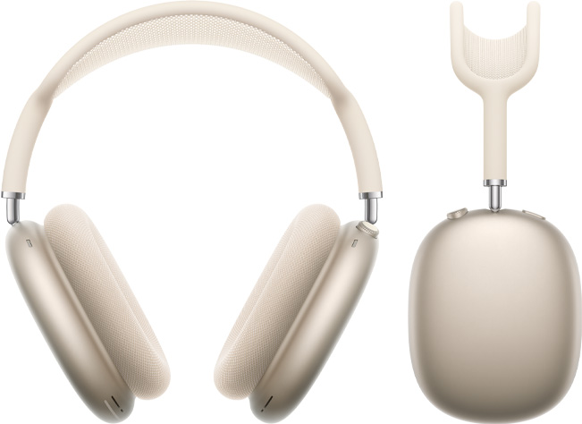Ujęcie AirPods Max w kolorze księżycowej poświaty od przodu i z boku