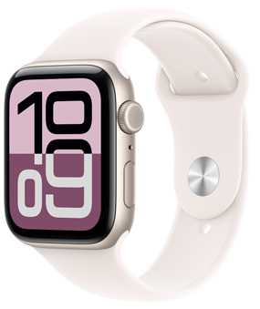 Apple Watch SE 3, aluminum case, starlight color, Flux watch face, right side exterior, Digital Crown, microphone, side button, starlight Sport Band, silver pin-and-tuck closure