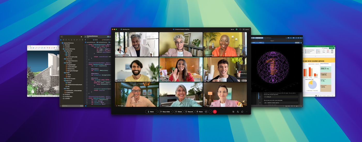 Vários ecrãs de apps, incluindo uma reunião virtual realizada no Zoom.