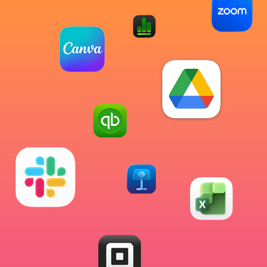 在色彩鮮艷的背景前展示不同生產力 app 的圖示，包括 Slack、Canva、Google Workspace、Zoom、Quickbooks、Keynote、Excel、Square 及 Numbers。