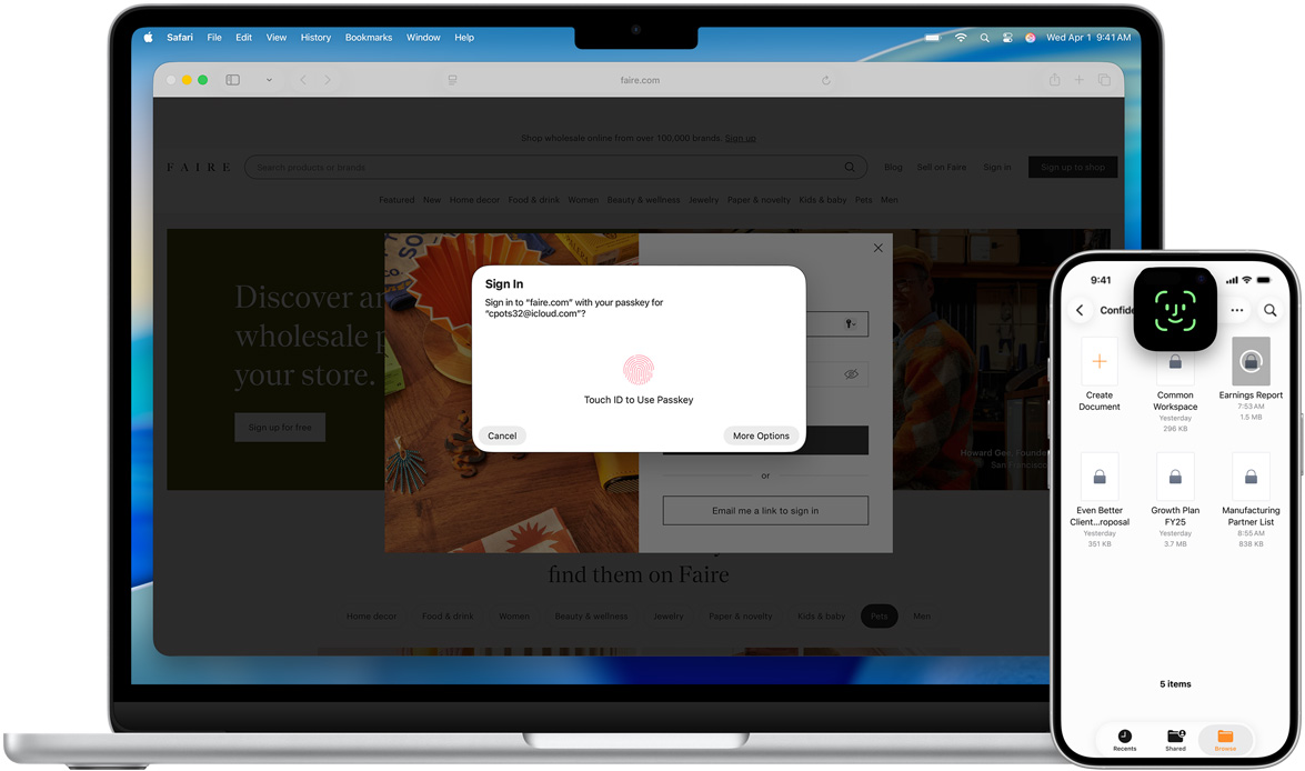 MacBook 顯示 Touch ID 視窗，以及 macOS Tahoe 背景圖片。MacBook 的前方有一部 iPhone，展示 Face ID 螢幕