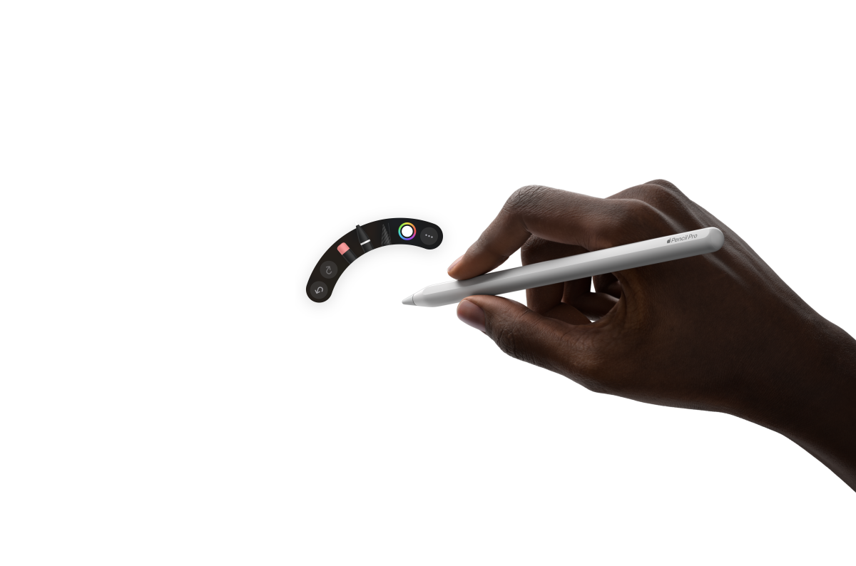 iPad Air, pohled zepředu, ruka s Apple Pencilem Pro pracuje na ilustraci s poznámkami v aplikaci Procreate