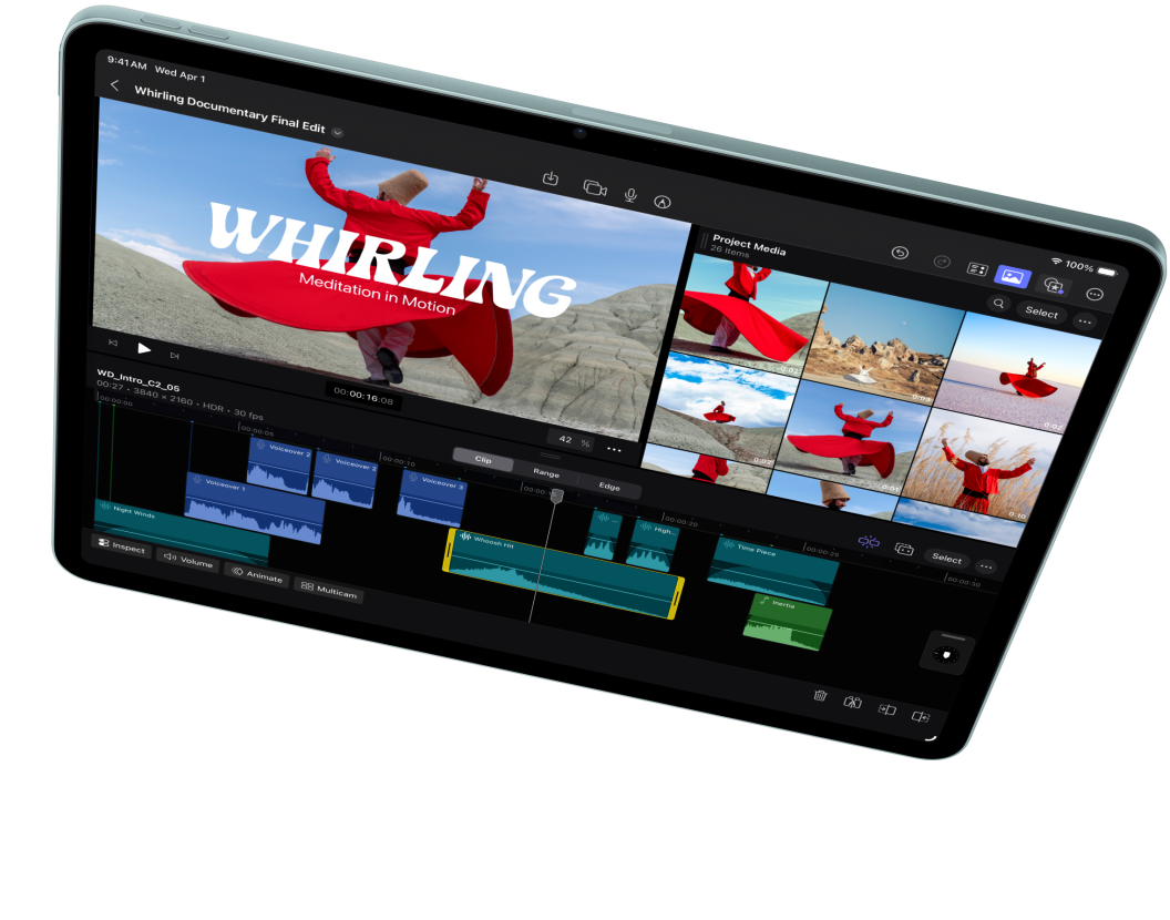 iPad Air v orientaci na šířku, na obrazovce je vidět upravování videa ve Final Cutu Pro