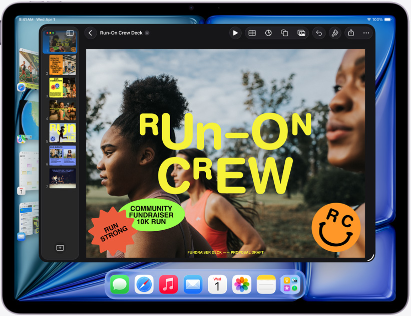 iPad Air, orientace na šířku, na obrazovce je prezentace v Keynotu