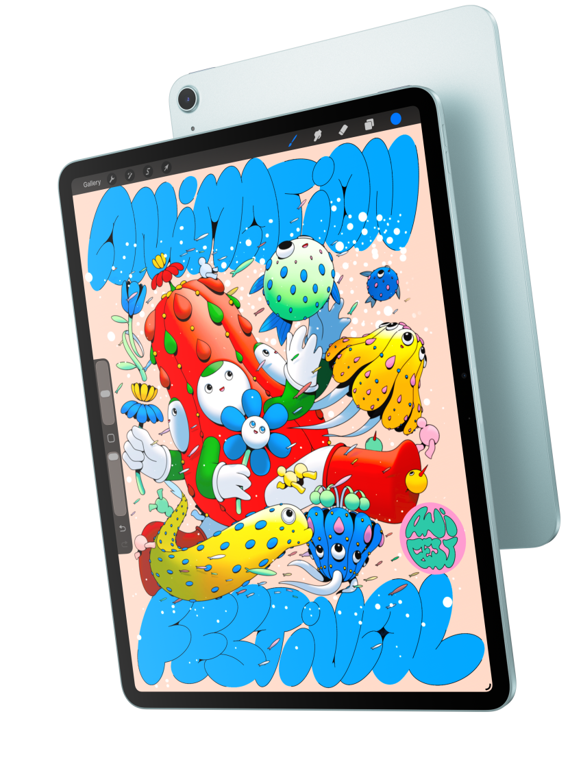 Pohled zepředu na 13palcový iPad Air s otevřenou aplikací Procreate, který překrývá zadní stranu modrého iPadu Air