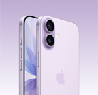 iPhone 17, Farbe Lavendel, Vorderseite, schräge Rückansicht, Fusion Kamera-System in der Plattform oben, Taste für die Kamerasteuerung, Vorderseite mit All‑Screen Design, Actiontaste und Lautstärketasten