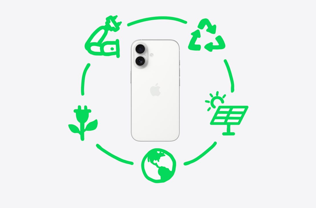 Grafika na kojoj se prikazuju koraci koje Apple poduzima da bi se materijali reciklirali i ponovno upotrebljavali, što obuhvaća dizajn, resurse, izradu, pakiranje i isporuku, upotrebu i oporabu oko iPhonea 17 u magličasto plavoj boji, prikaz stražnje vanjske strane.