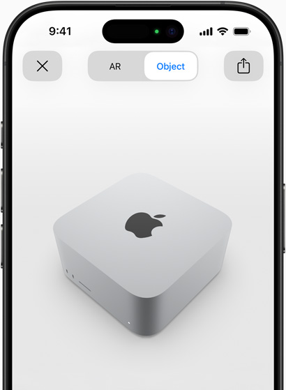 Voorbeeld van AR-weergave van Mac Studio op iPhone