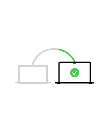 Ilustración de dos laptops conectadas por una línea, la segunda muestra una marca de verificación verde en la pantalla que indica que el proceso de migración terminó