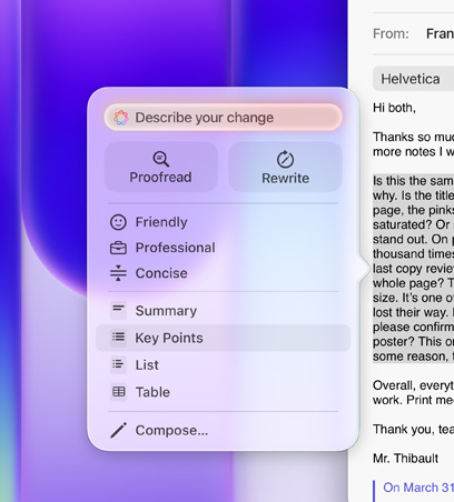 Schreibtools werden verwendet, um einen langen Textabsatz in einer E-Mail hervorzuheben, im Menü Schreibtools ist die Option «Hauptpunkte» ausgewählt, mit dem Symbol für eine Liste mit Bullet Points