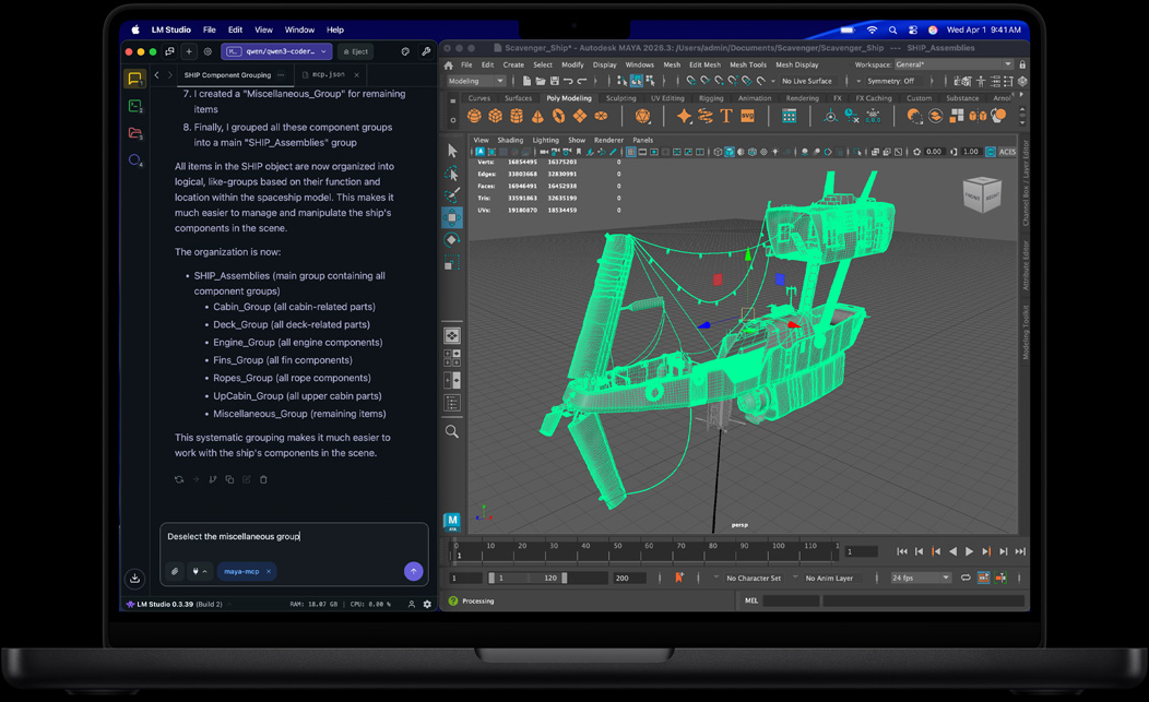 Scherm van MacBook Pro met LM Studio en Autodesk Maya