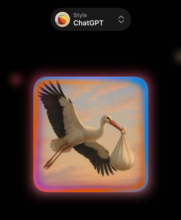Un écran d’Image Playground affiche l’image très réaliste d’une cigogne tenant un baluchon dans son bec, et des options de styles d’image personnalisés de ChatGPT