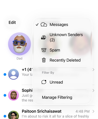 Berichten-app met de nieuwe screeningtools-feature die nu onbekende nummers filtert in het overzicht Onbekende Afzenders